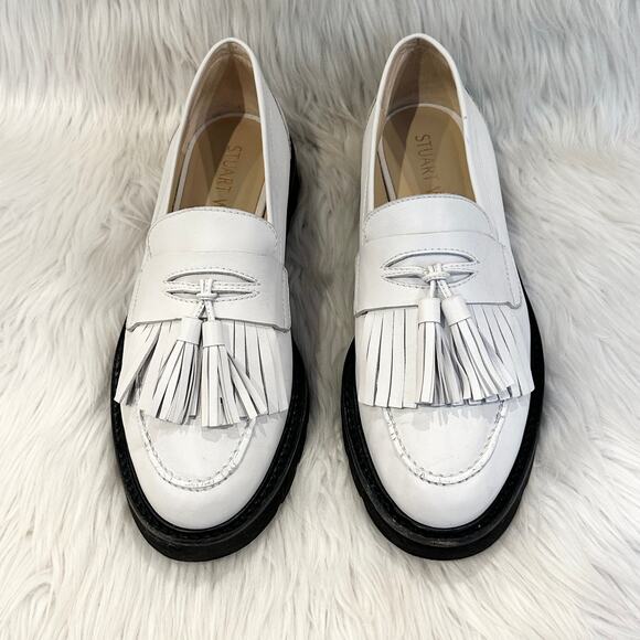 Stuart Weitzman Mila Lift Loafer Leather Tasseled Fringe Chunky Platform, White - Picture 4 of 13